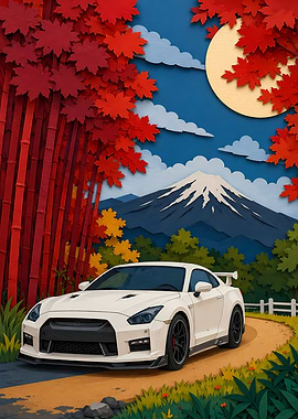 White Nissan GT-R with Mount Fuji backdrop