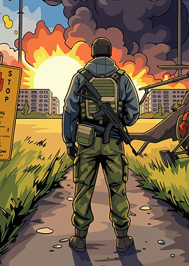 Soldier watches explosion in city