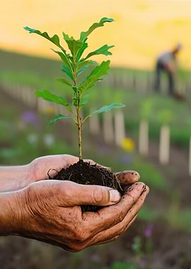 Hands holding a young oak sapling