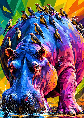 Colorful Hippo with Birds