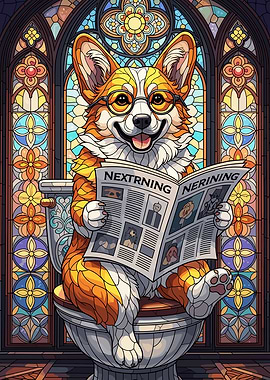 Corgi Reading Newspaper on Toilet