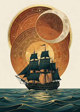 Sailing Ship Under Celestial Orbs
