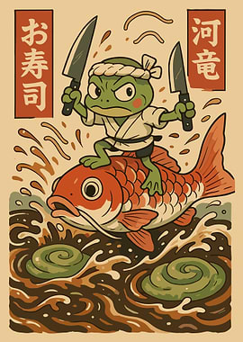 Frog Sushi Chef Riding Koi Fish – Japanese Fantasy Animal Poster