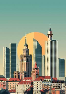 Stylized Cityscape with Retro Sun