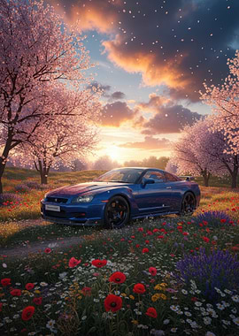 Blue Nissan GT-R in Cherry Blossom Field