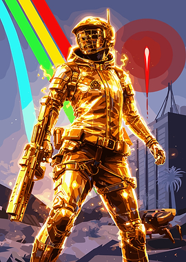 Golden futuristic soldier with weapon