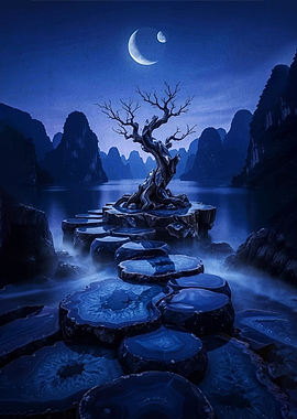 Mystical Moonlit Landscape with Ancient Tree