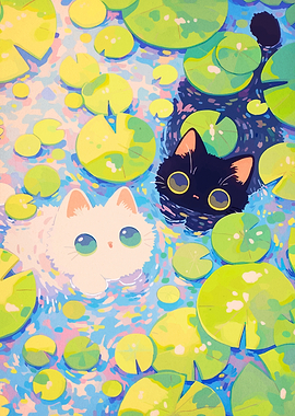 Cute Cats in Lily Pond
