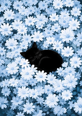Black Cat Sleeping in White Flowers