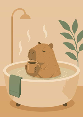 Capybara Enjoying a Bath with Coffee