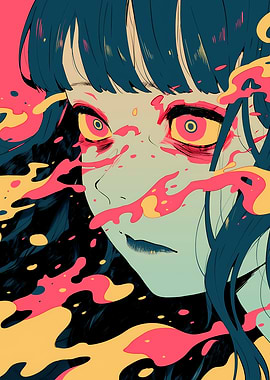 Distorted Anime Portrait with Pink and Yellow Splatter