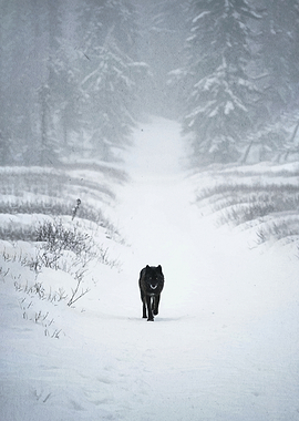 Black wolf walking in a snowy forest