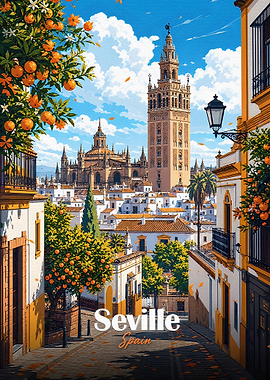 Seville Spain Orange Trees and Giralda Tower