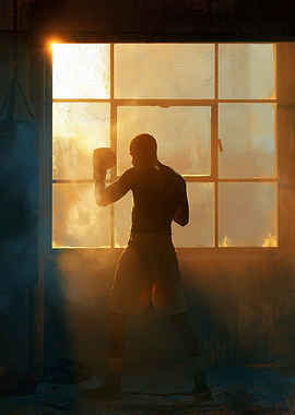 Boxer training in a gym at sunset