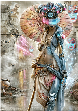 Cyberpunk Woman with Umbrella in Rainy City