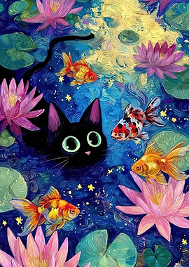 Black Cat and Goldfish in a Lily Pond