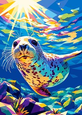 Seal swimming in colorful ocean