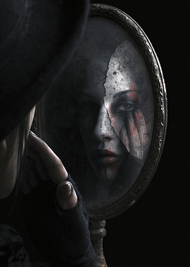 Woman's reflection in a cracked mirror