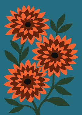 Three Orange Chrysanthemums on Teal Background