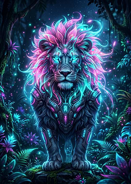 Cyberpunk Lion in Neon Jungle