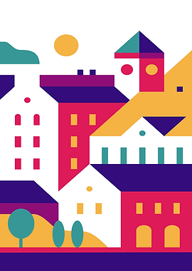 Abstract Geometric Cityscape with Sun