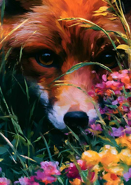 Red Fox Peeking Through Flowers