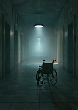 Eerie Hospital Hallway with Wheelchair