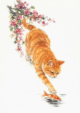 Orange Cat and Koi Fish Painting