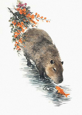 Capybara and Goldfish Watercolor Painting