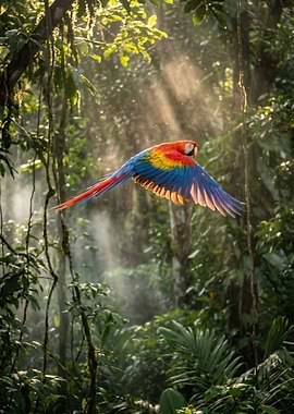 Scarlet Macaw flying in rainforest