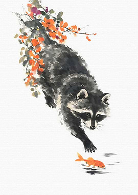 Raccoon Reaching for Goldfish