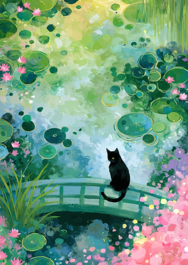 Black Cat on a Bridge in a Water Lily Garden