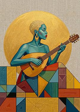 Woman Playing Guitar with Geometric Patterns