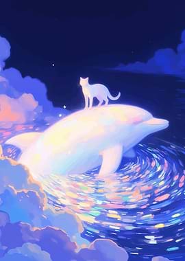Cat on Dolphin in Dreamy Ocean