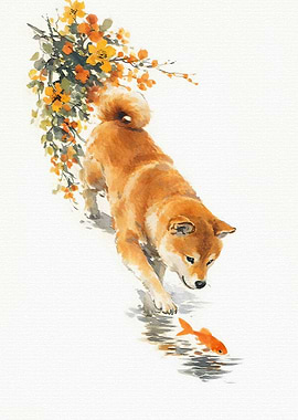 Shiba Inu and Goldfish Watercolor