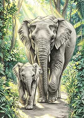 Mother and baby elephant in forest