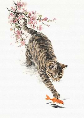 Cat and Goldfish Under Cherry Blossoms