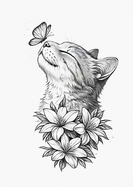 Cat and Butterfly Sketch with Flowers