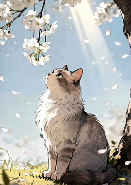 Cat Under Cherry Blossoms