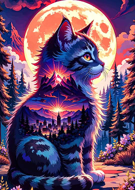 Cat with Cityscape and Mountains