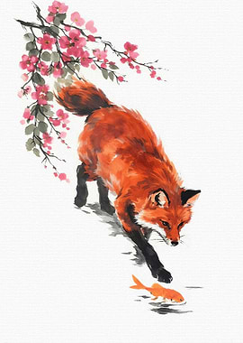 Fox and Goldfish under Cherry Blossoms