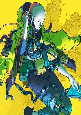 Cyberpunk character with headphones and tablet