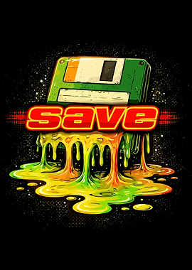 Melting Floppy Disk Save Poster Retro Computer Art Cyberpunk Gaming Wall Decor
