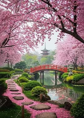 Serene Japanese Garden with Cherry Blossoms