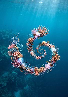 Underwater Coral Spiral with Jellyfish and Fish