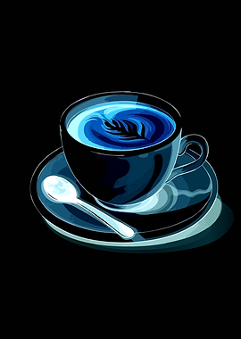 Blue latte art in a dark cup