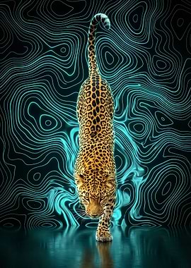 Leopard on a Neon Topographic Background