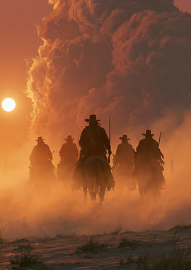 Cowboys riding through a dusty sunset
