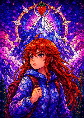 Stained Glass Anime Girl on Mountain