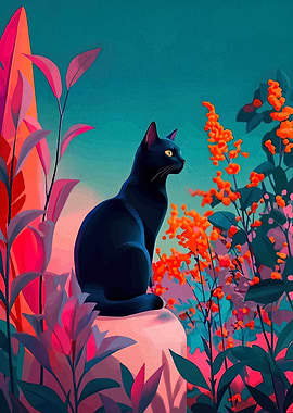 Black Cat in a Vibrant Garden